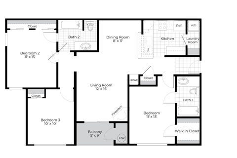 Floor plan for 3 beds, 2 baths, 1259 sqft